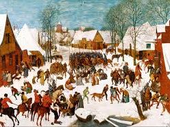 A painting of a crowded village scene in winter snow.