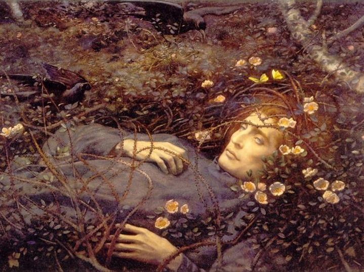 A painting of a reclining figure among dense woodland flowers and branches.