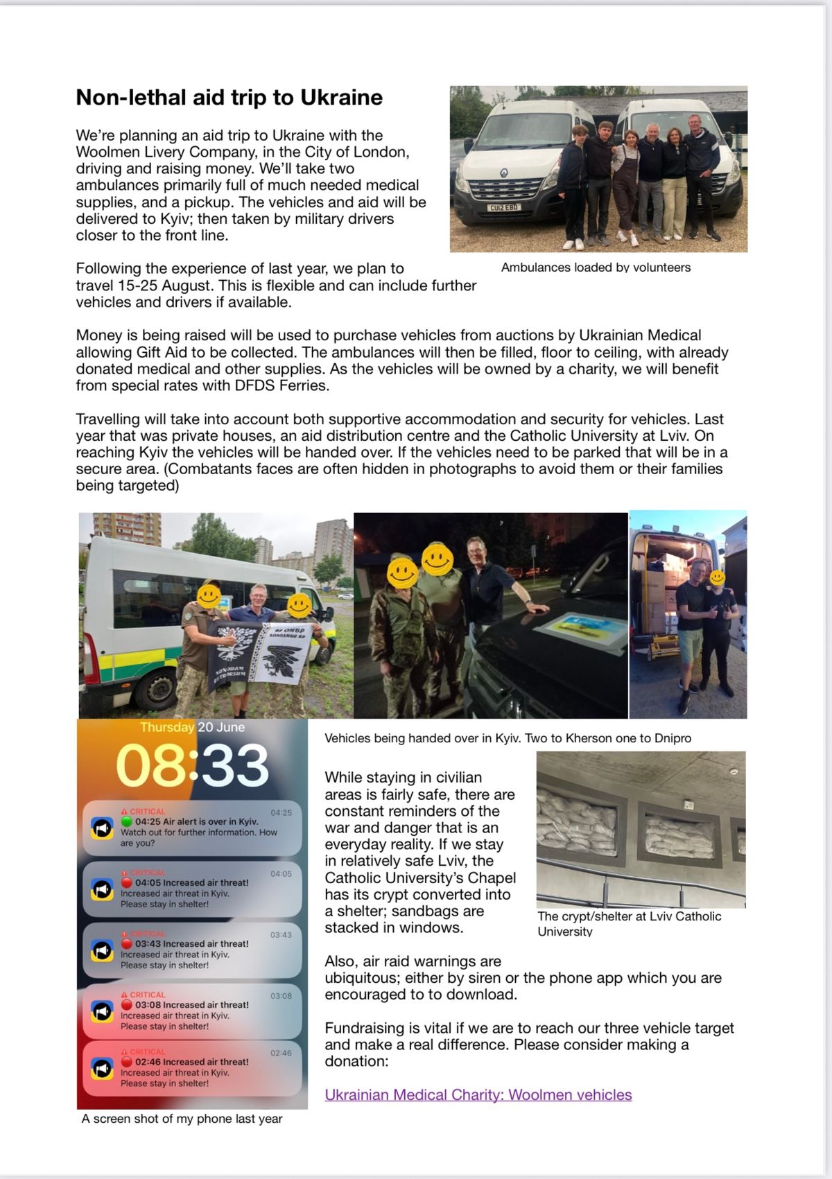 An illustrated update on Ukrainian relief vehicles and fundraising.