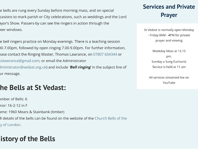 A website excerpt describing the bells at St Vedast and service times.