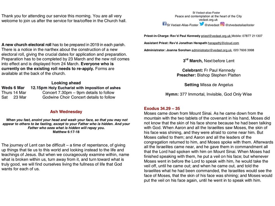 A church notice sheet for the period before Lent 2019.
