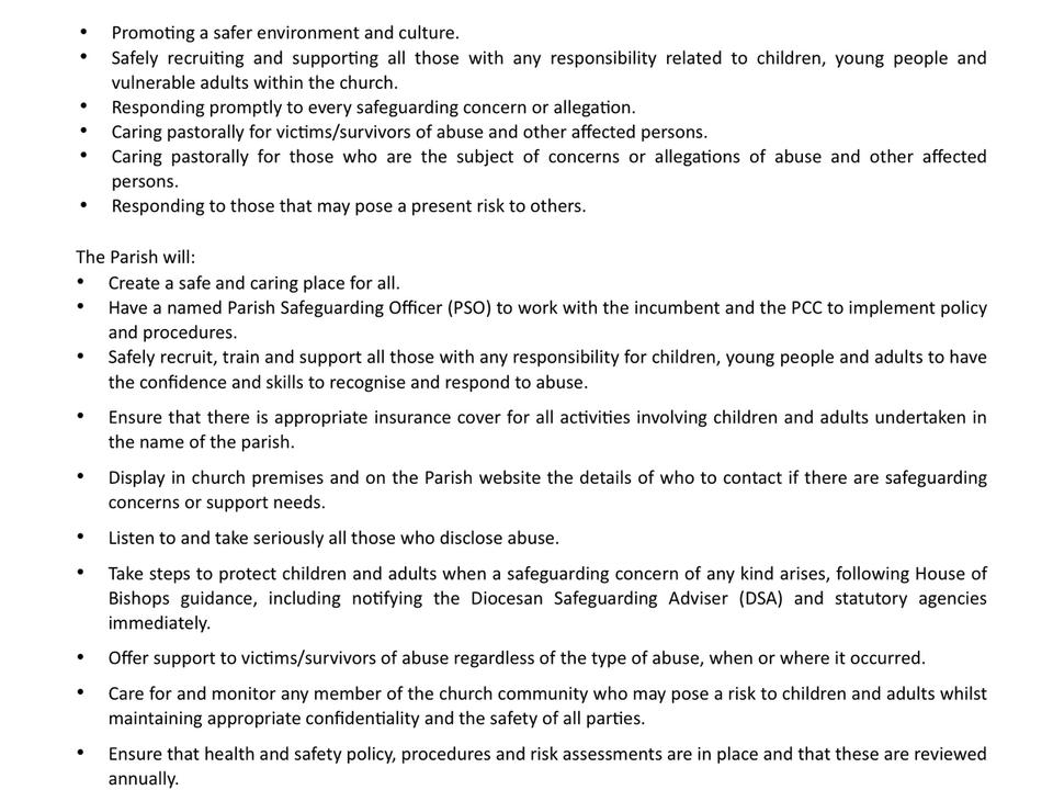 A safeguarding policy statement with a list of commitments and signature lines.