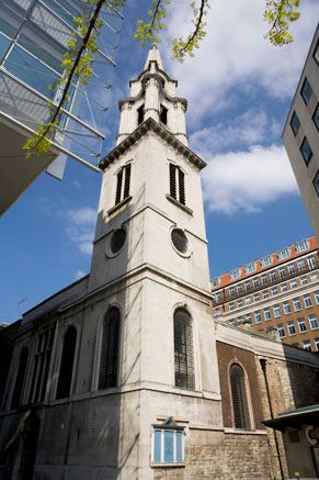 The exterior of St Vedast, showing the stone tower and spire.