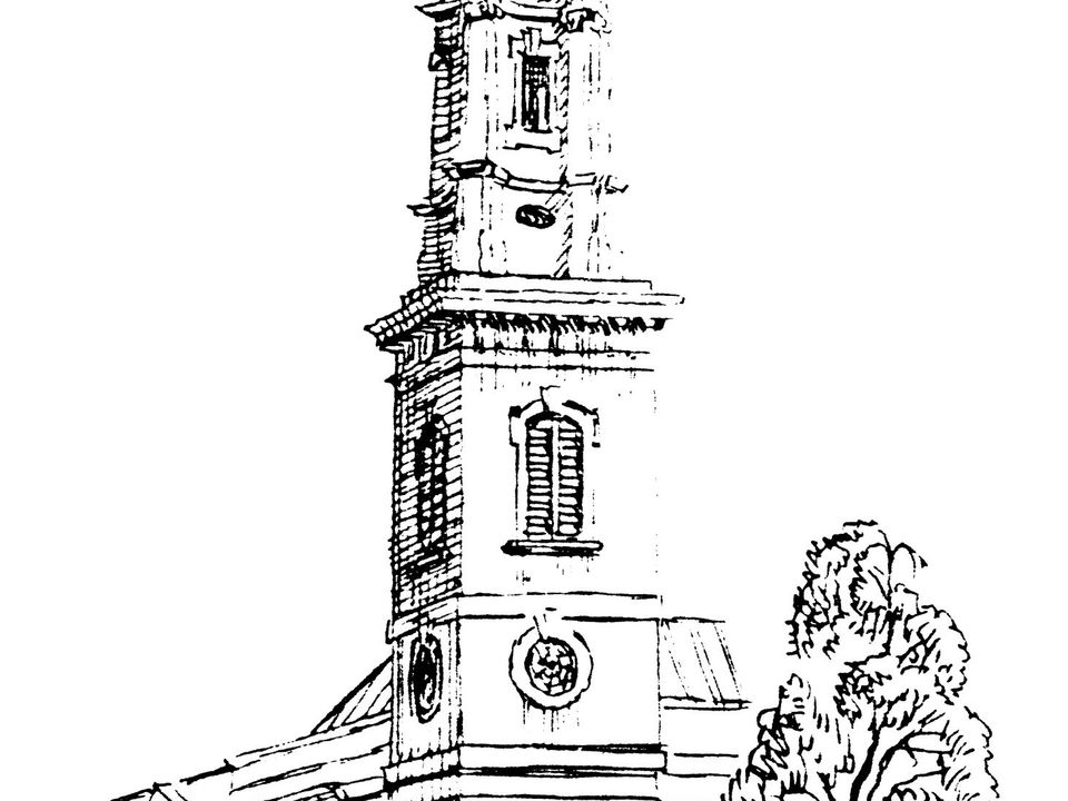 A black-and-white line drawing of St Vedast and its spire.