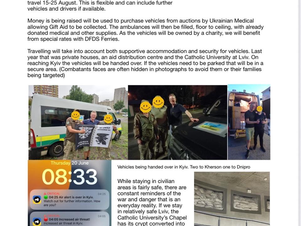 An illustrated update on Ukrainian relief vehicles and fundraising.