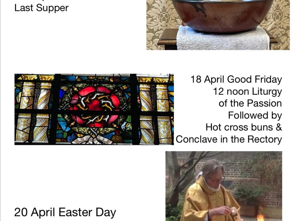 An Easter at St Vedast poster listing services with religious photographs.