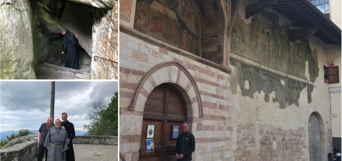 A collage showing a decorated church facade and people at a hilltop viewpoint.
