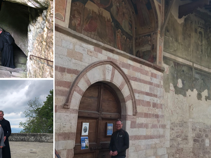 A collage showing a decorated church facade and people at a hilltop viewpoint.