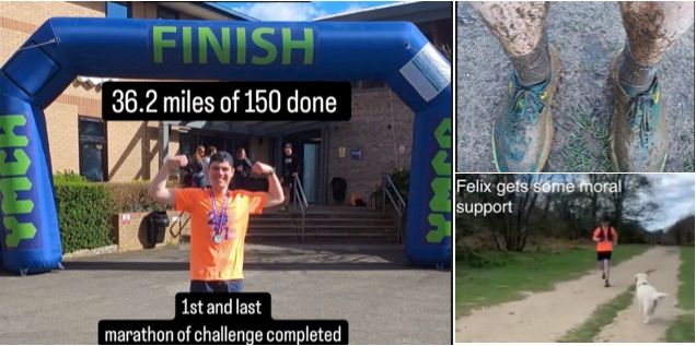 A fundraising collage showing a runner at a finish line and a distance challenge.