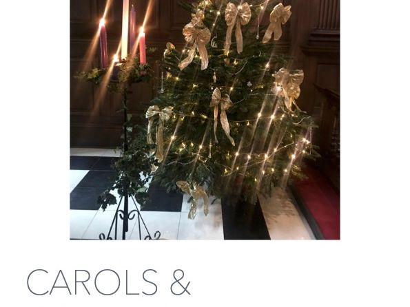 A Carols and Communion poster with a decorated Christmas tree.