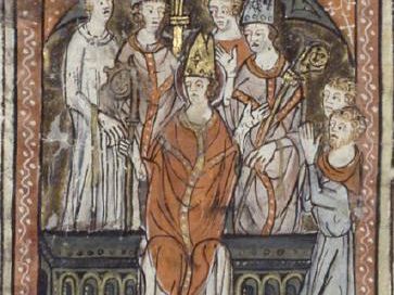A medieval illustration of Saint Vedast with other haloed figures.