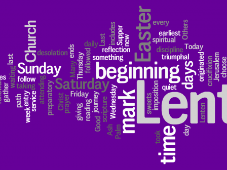 A purple word cloud centred on Lent, with words including Mark and beginning.