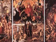 A painted triptych showing Christ above scenes of judgement.